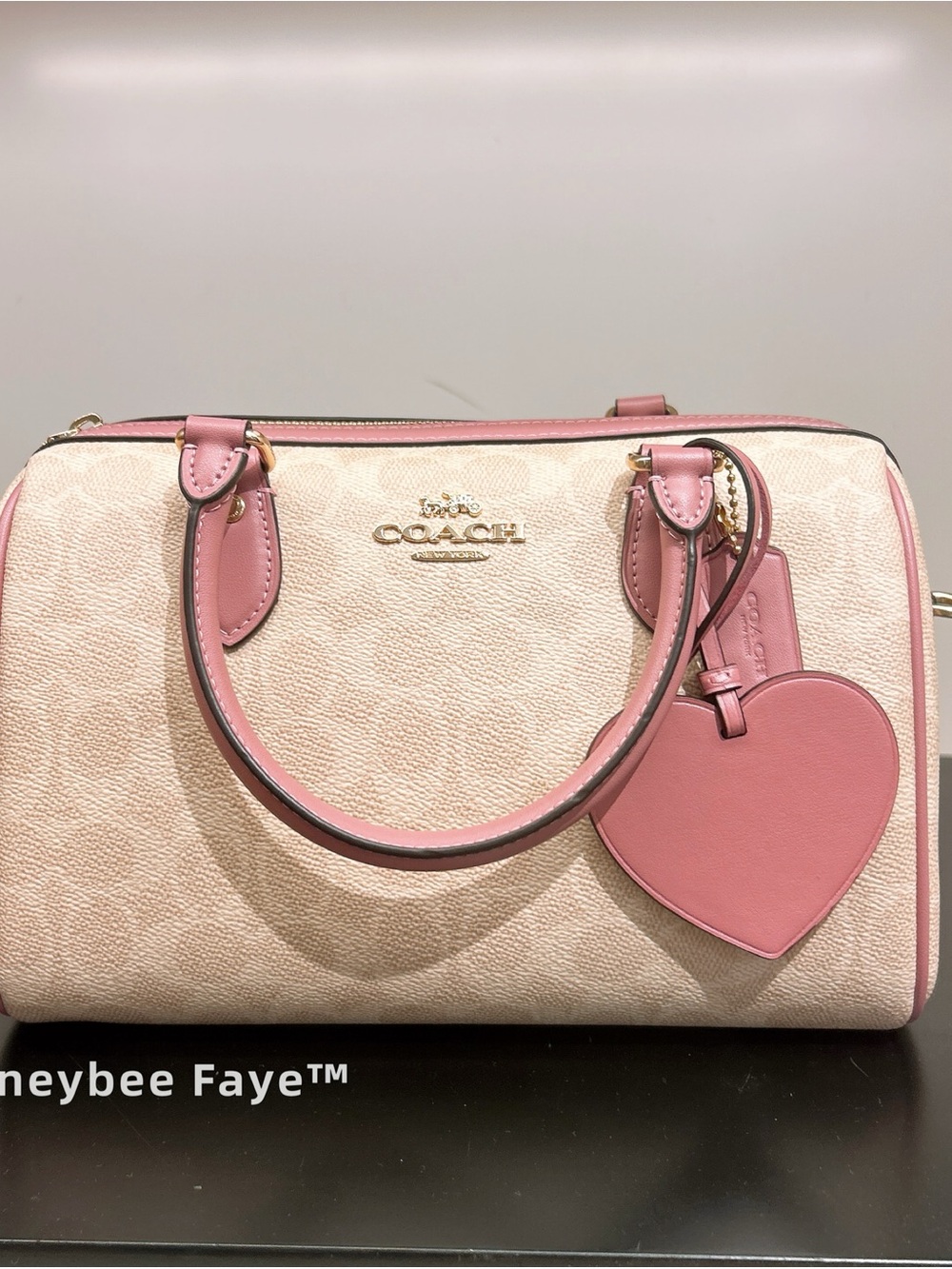 Coach Pink sand Signature Canvas Rowan Satchel Heart Charm regular size cdb21 - Picture 2 of 7